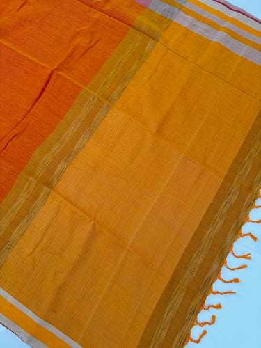 ShopNaya Exclusive | Handwoven | Cotton & Soft Silk Saree | Dobby Design | No Blouse | Yellow Orange | Ships from California